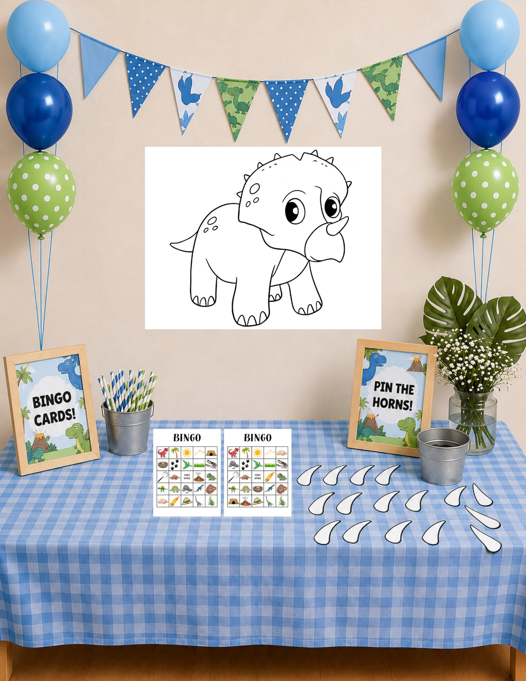 Printable Dinosaur Birthday Party Game Pack – Bingo & Pin the Horns on the Triceratops | Instant Download
