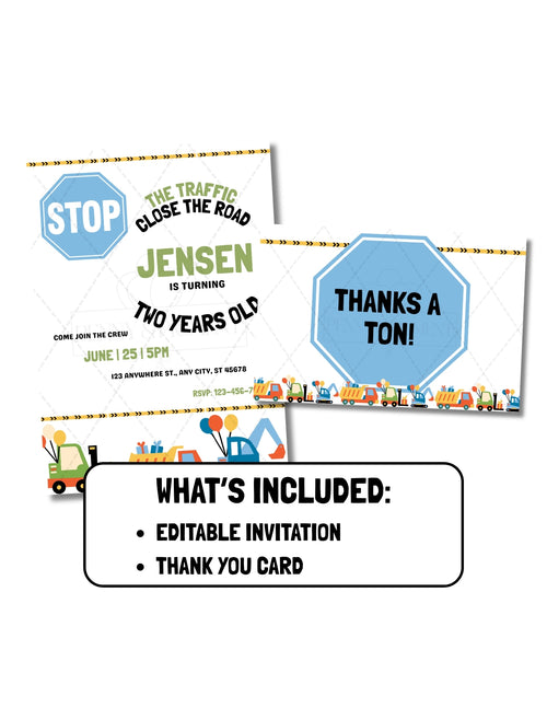 Printable Construction Birthday Party Basic Bundle – Editable Invitation & Thank You Cards | Instant Download