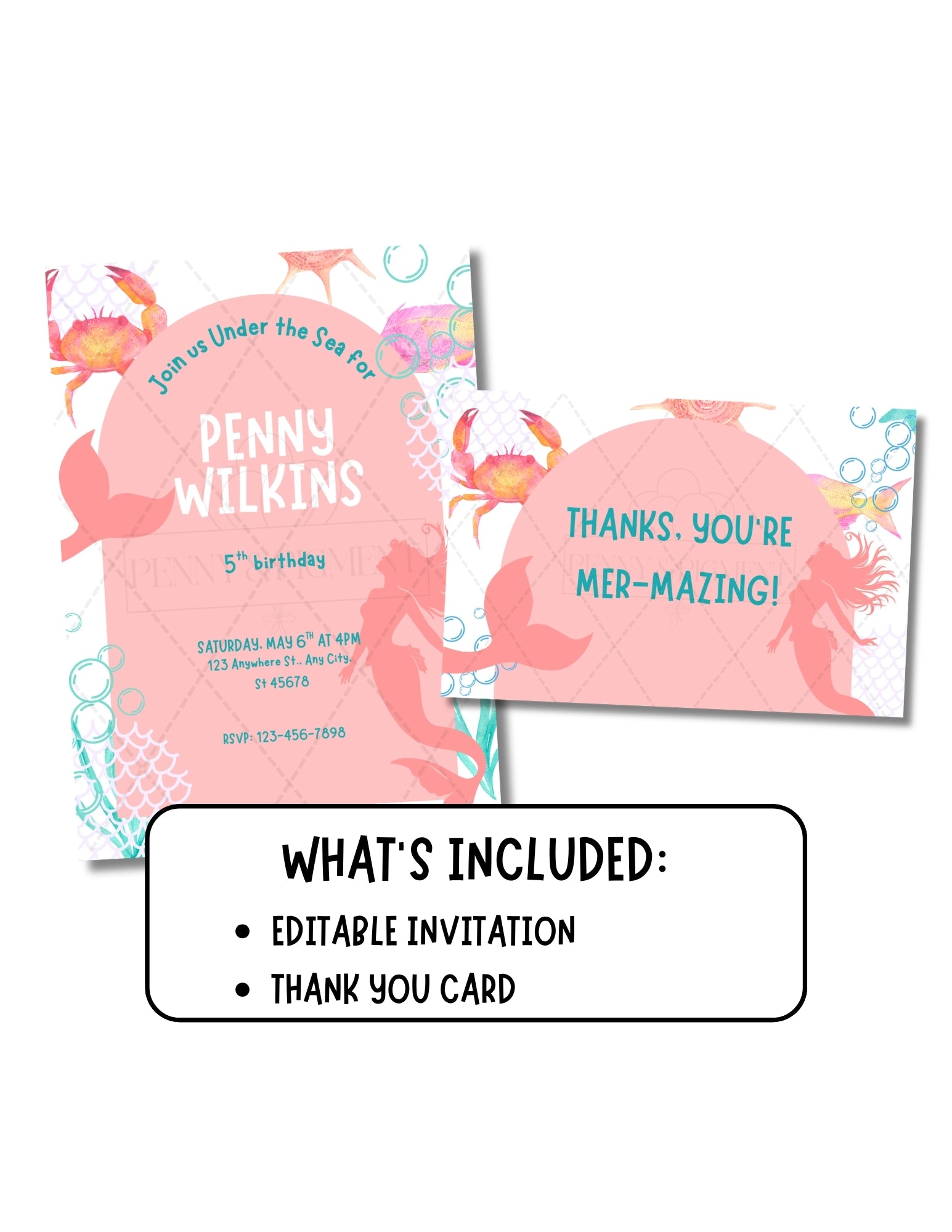 Printable Mermaid Birthday Party Basic Bundle – Editable Invitation & Thank You Cards | Instant Download