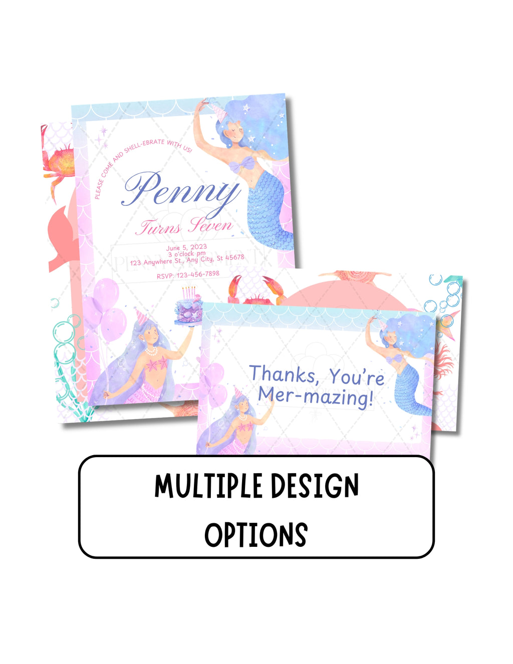 Printable Mermaid Birthday Party Basic Bundle – Editable Invitation & Thank You Cards | Instant Download