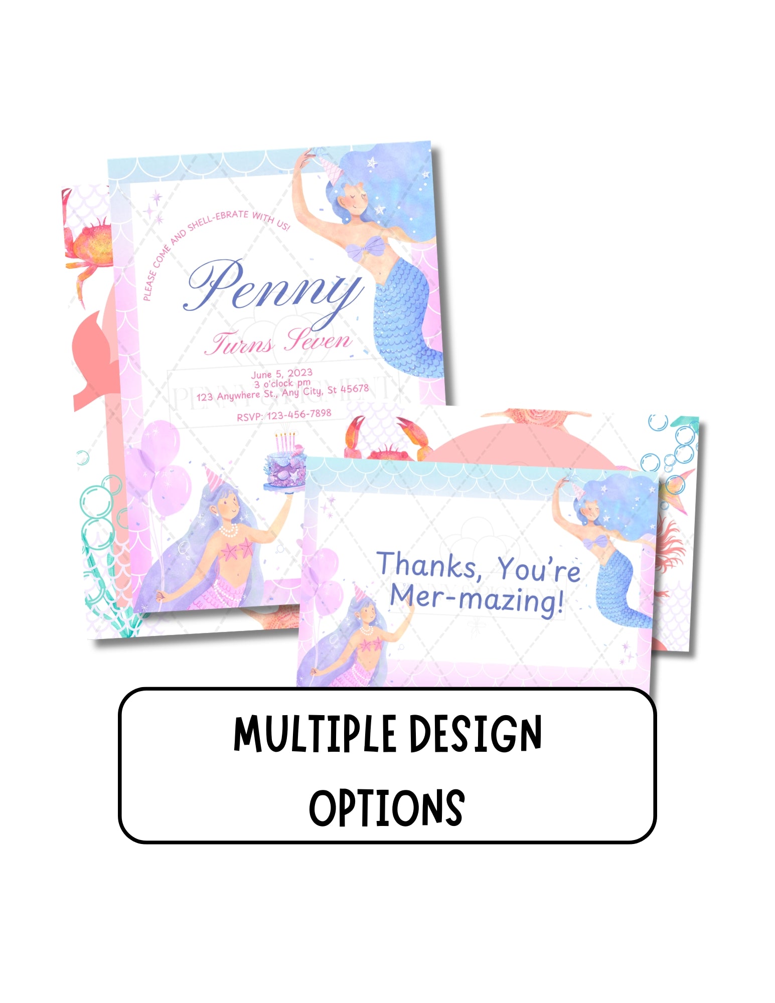 Printable Mermaid Birthday Party Basic Bundle – Editable Invitation & Thank You Cards | Instant Download