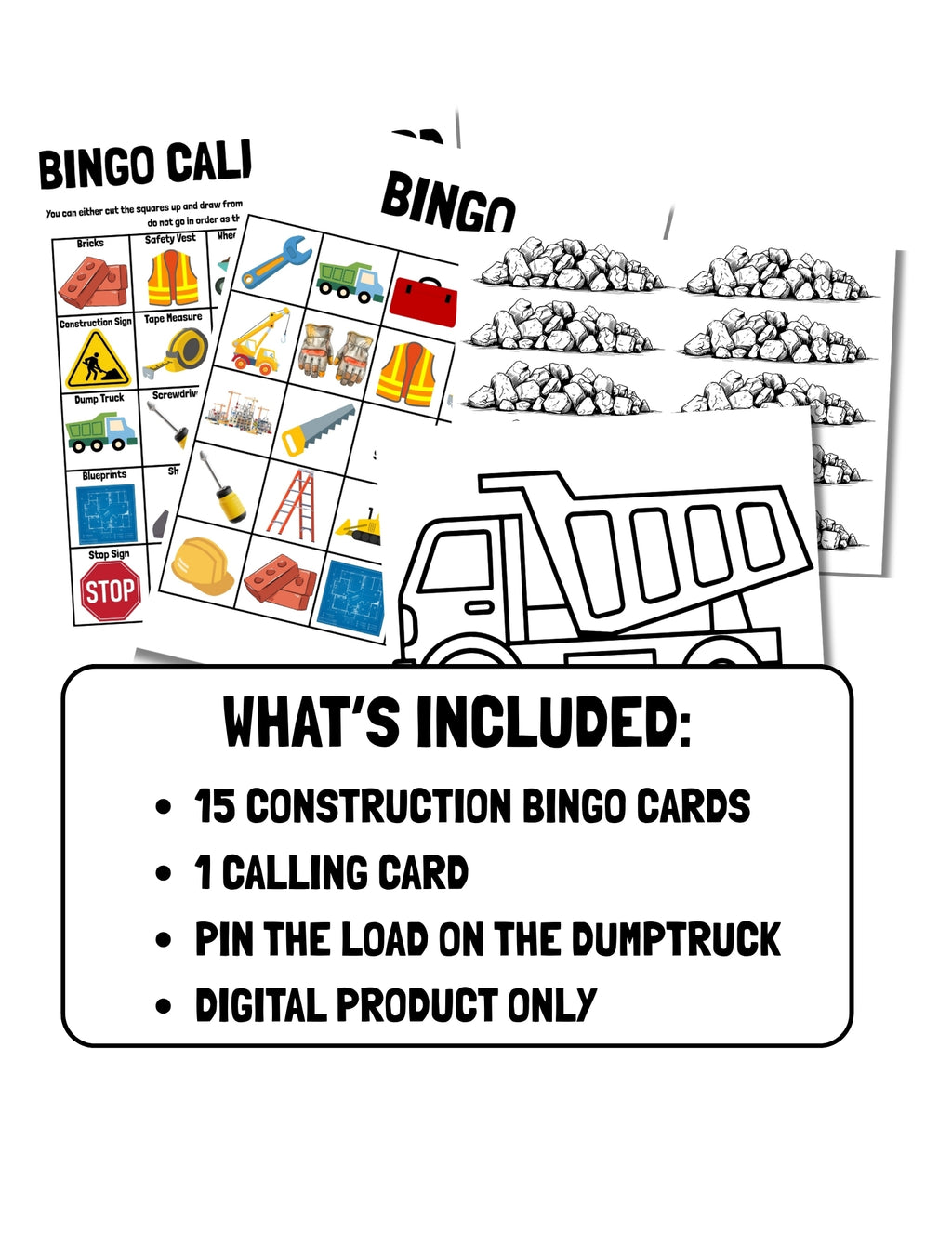 Printable Construction Birthday Party Game Pack – Bingo & Pin the Load on the Dumptruck | Instant Download