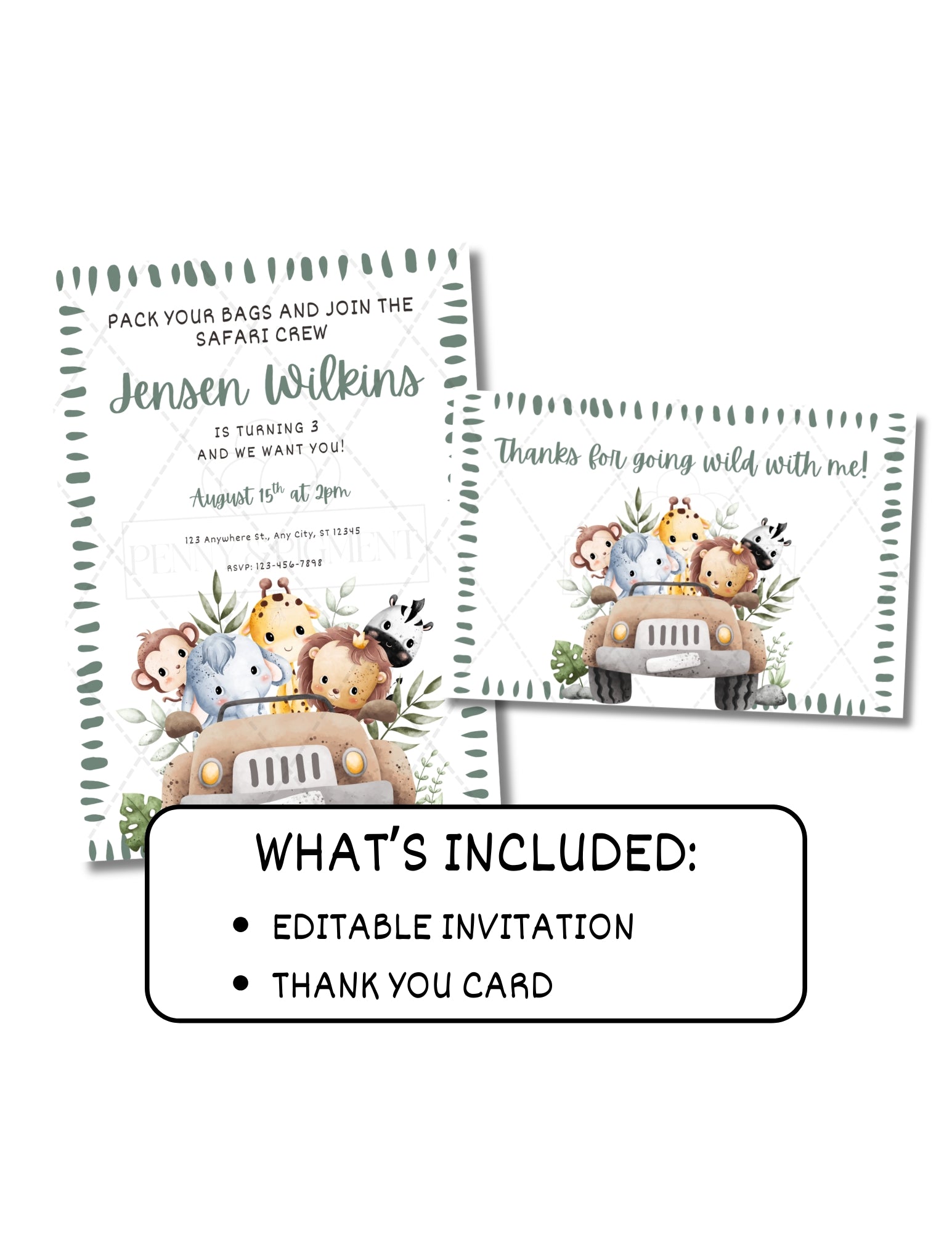 Printable Safari Birthday Party Basic Bundle – Editable Invitation & Thank You Cards | Instant Download
