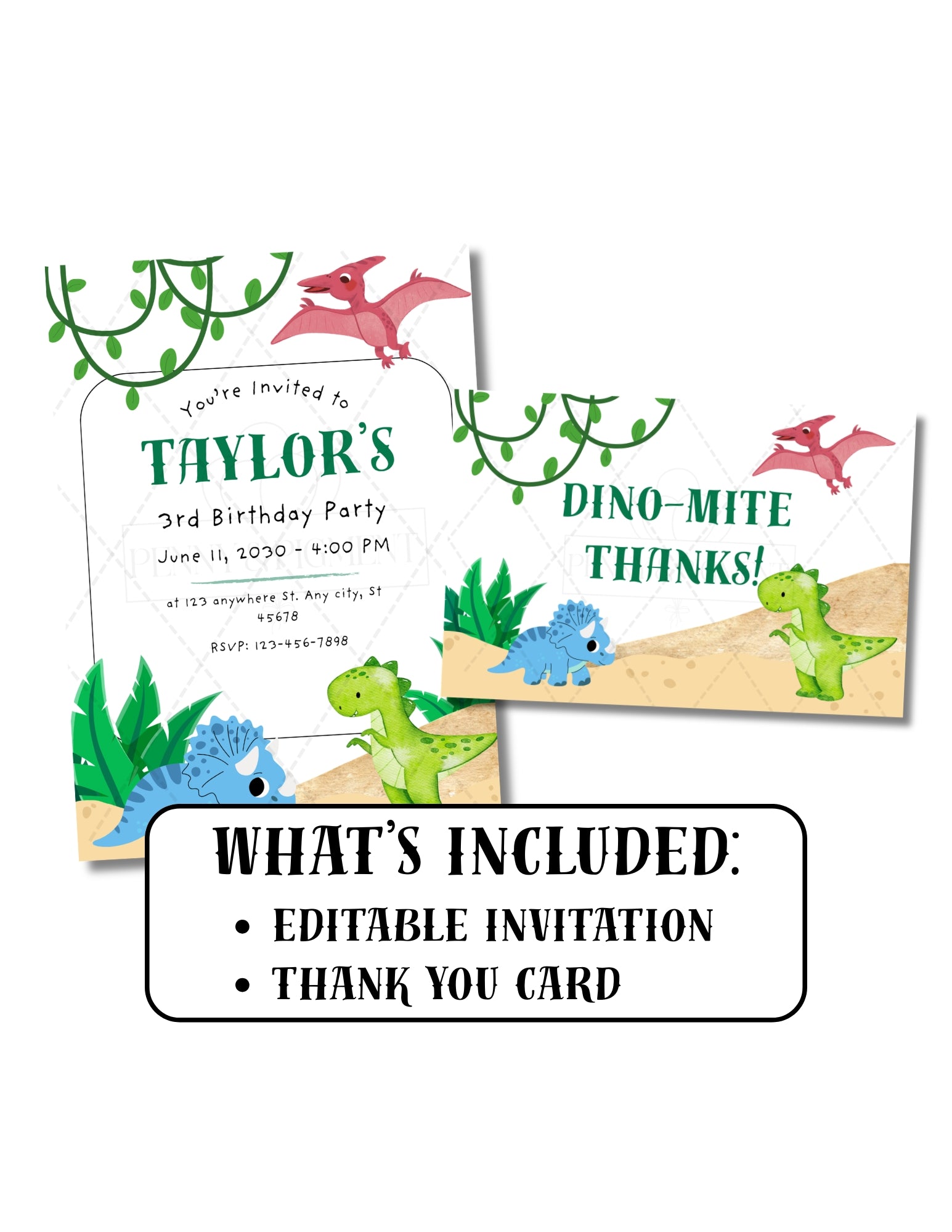 Printable Dinosaur Birthday Party Basic Bundle – Editable Invitation & Thank You Cards | Instant Download
