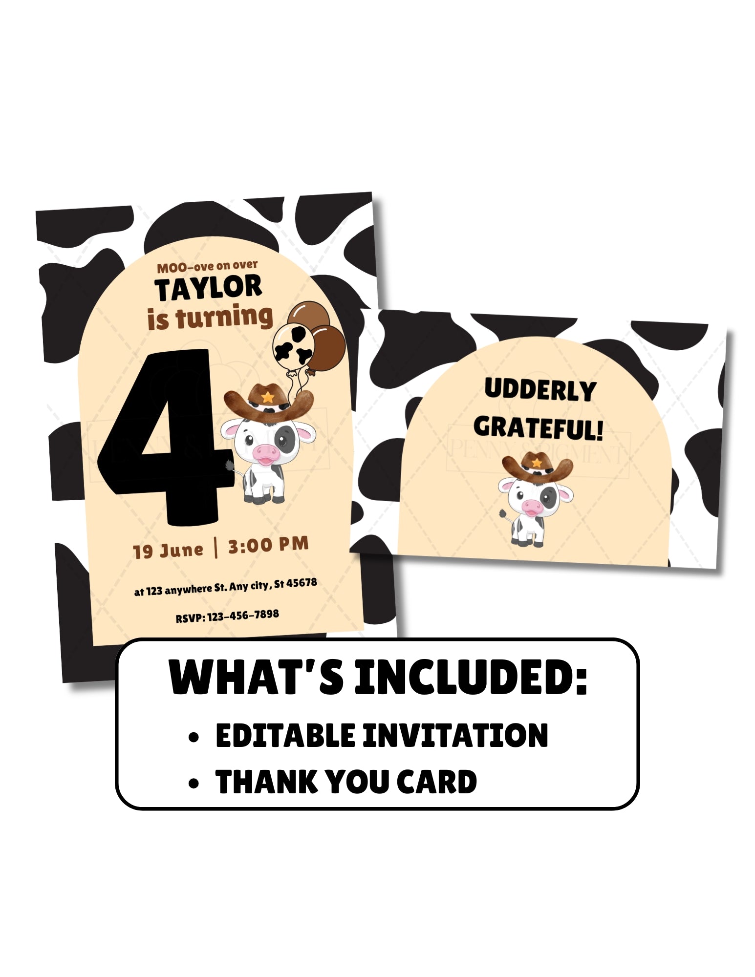 Printable Cow Birthday Party Basic Bundle – Editable Invitation & Thank You Cards | Instant Download