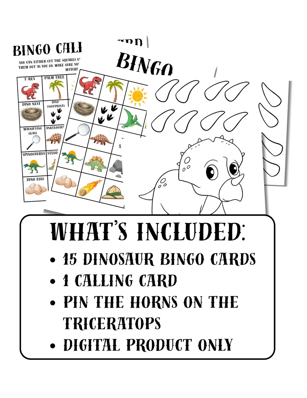 Printable Dinosaur Birthday Party Game Pack – Bingo & Pin the Horns on the Triceratops | Instant Download