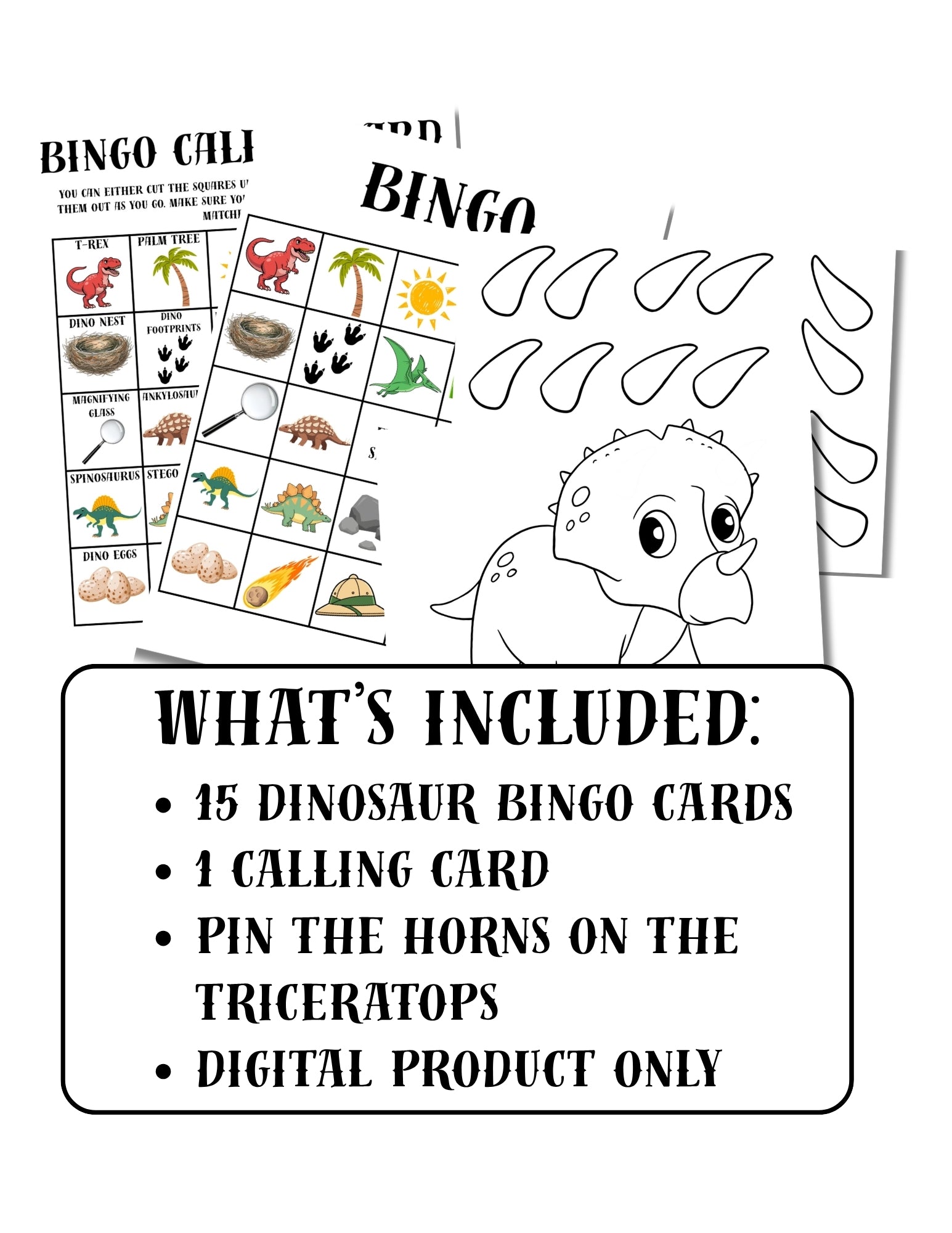 Printable Dinosaur Birthday Party Game Pack – Bingo & Pin the Horns on the Triceratops | Instant Download