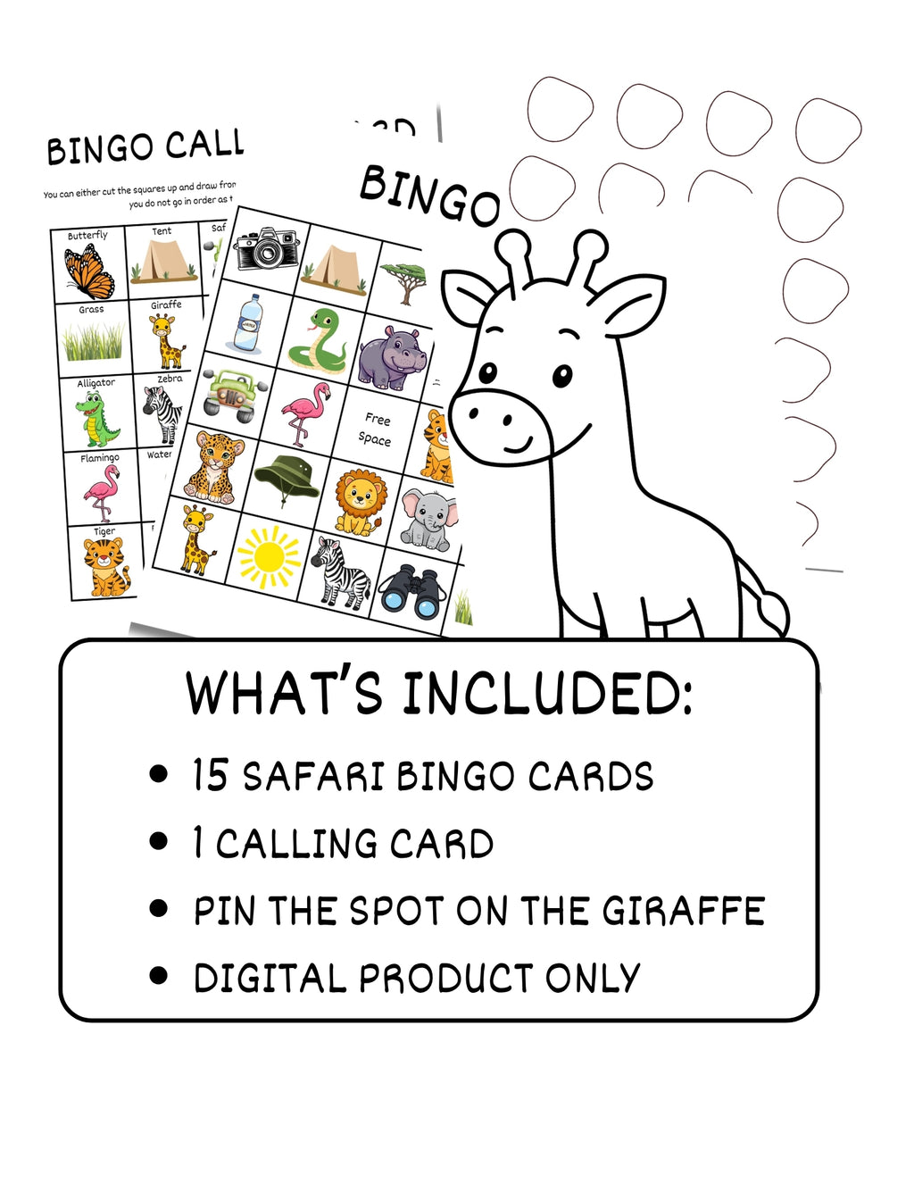 Printable Safari Birthday Party Game Pack – Bingo & Pin the Spots on the Giraffe | Instant Download