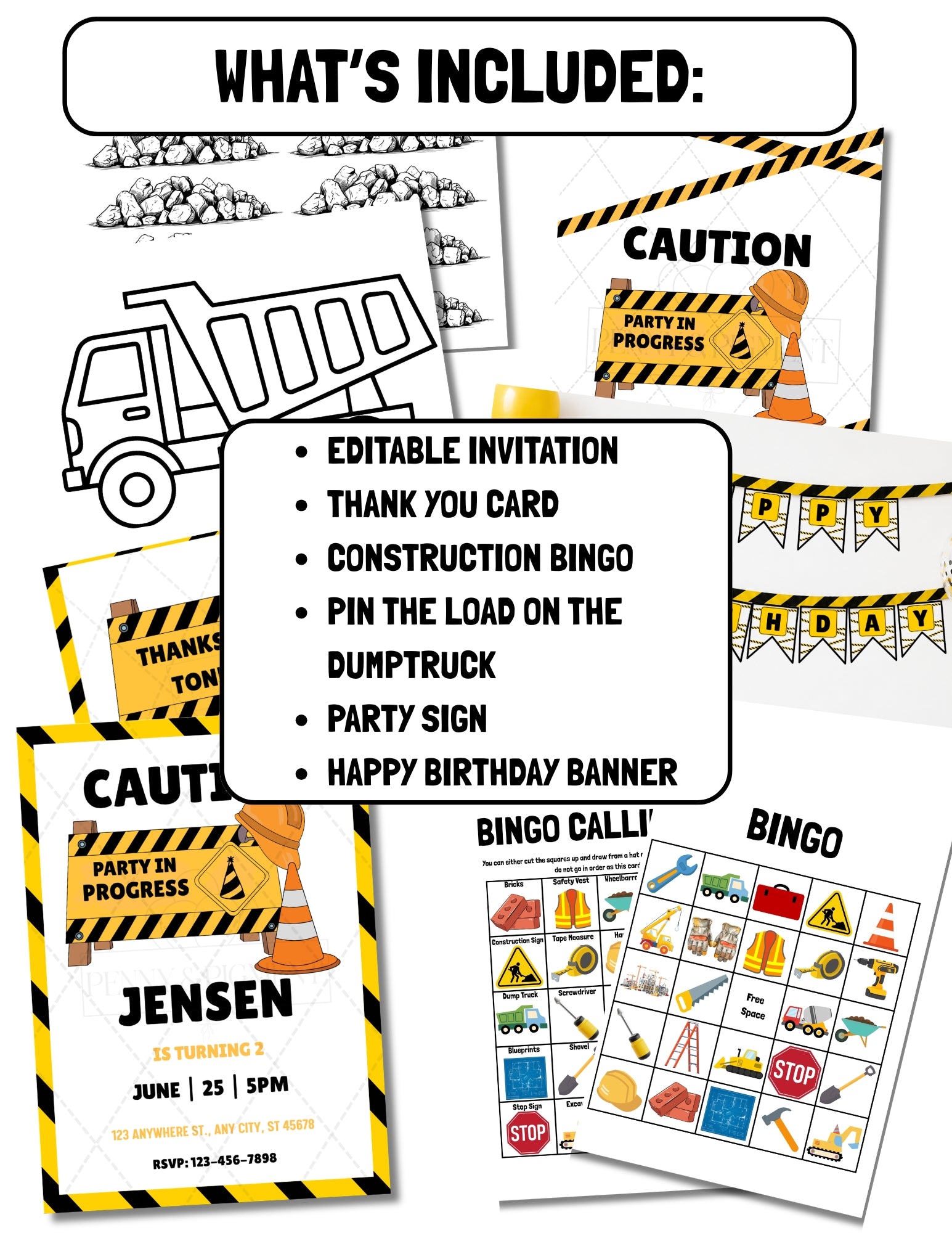 Printable Construction Birthday Party Bundle – Invitation, Games, Banner & More | Instant Download