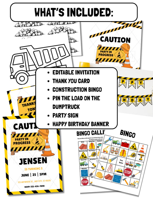 Printable Construction Birthday Party Bundle – Invitation, Games, Banner & More | Instant Download