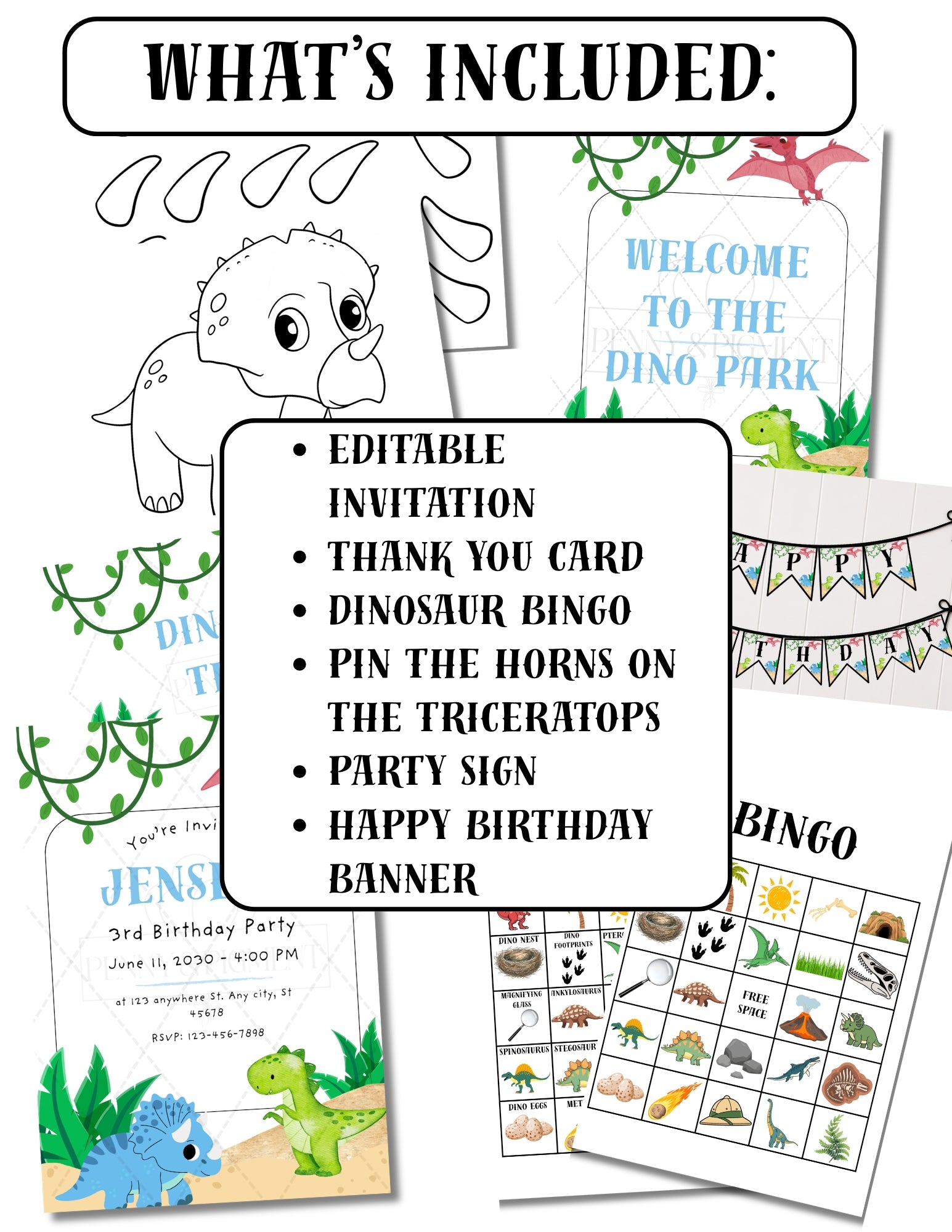 Printable Dinosaur Birthday Party Bundle – Invitation, Games, Banner & More | Instant Download