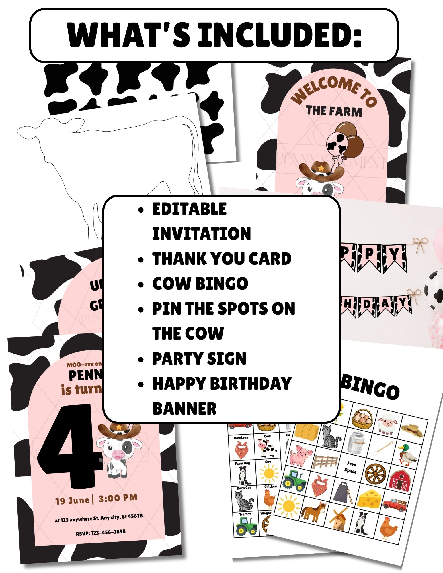 Printable Cow Birthday Party Bundle – Invitation, Games, Banner & More | Instant Download