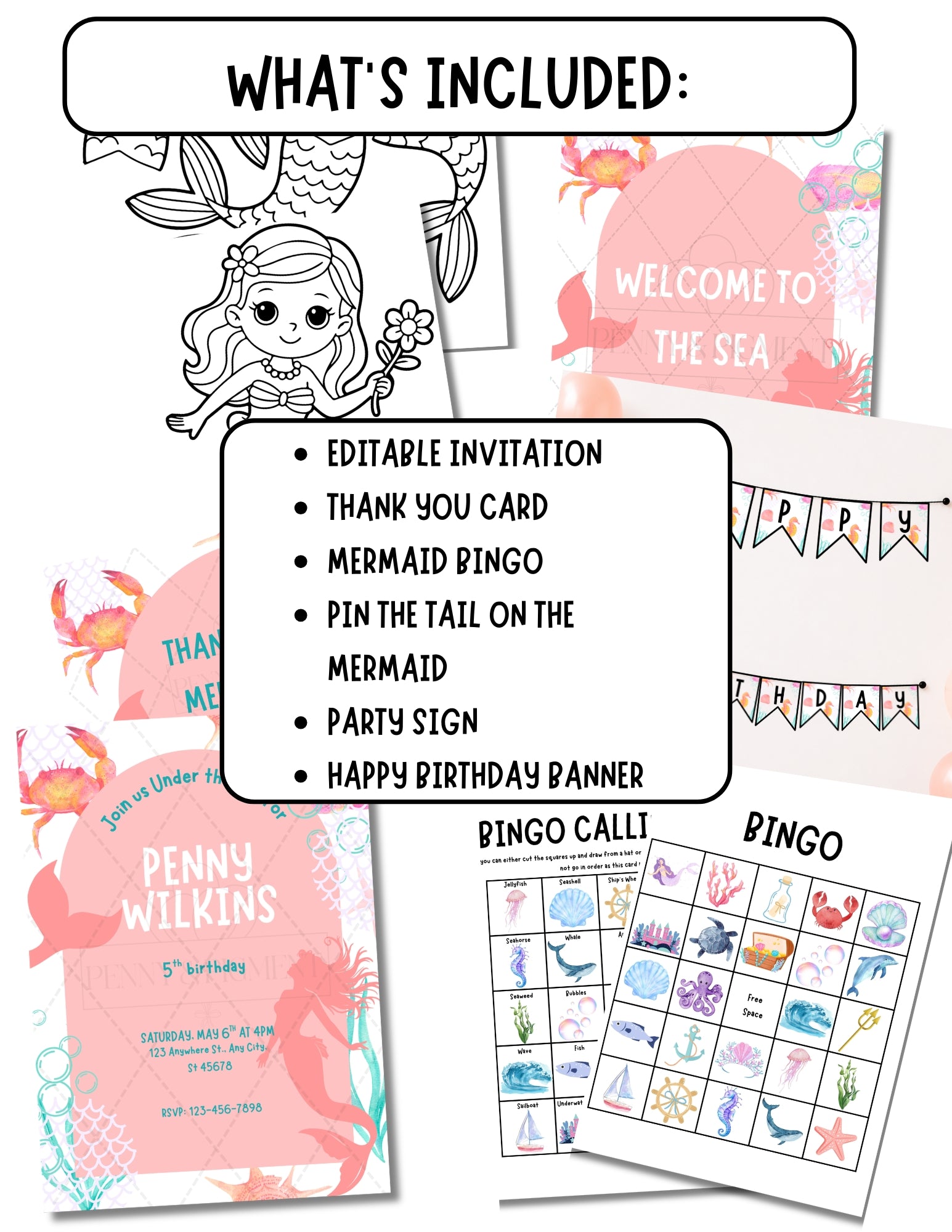 Printable Mermaid Birthday Party Bundle – Invitation, Games, Banner & More | Instant Download
